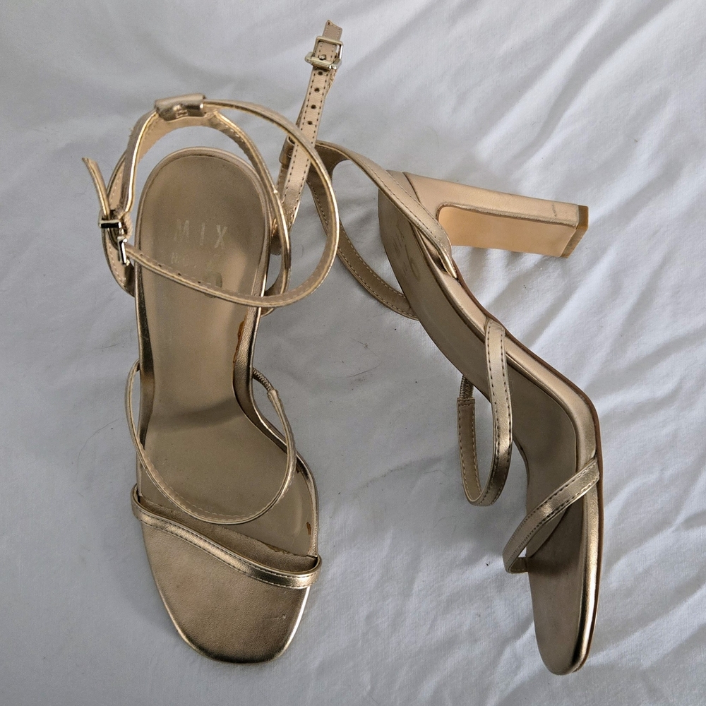 Mix No. 6 Metallic Gold Strappy Block Heel Sandals - Picture 9 of 13